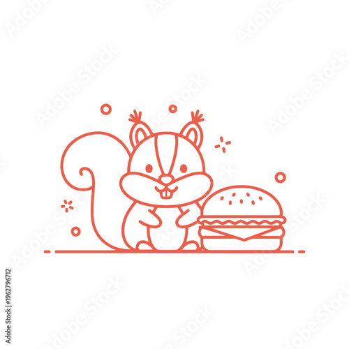 Cute cartoon squirrel with a cheeseburger, fun illustration, graphic element