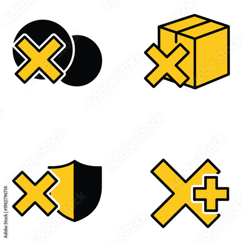 Vector art of set of four icons with yellow crosses and black elements