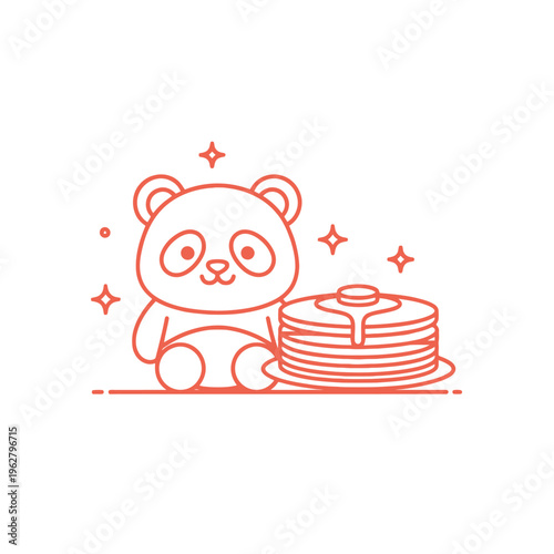 Cute Panda Bear with Stack of Pancakes and Syrup, Kawaii Style