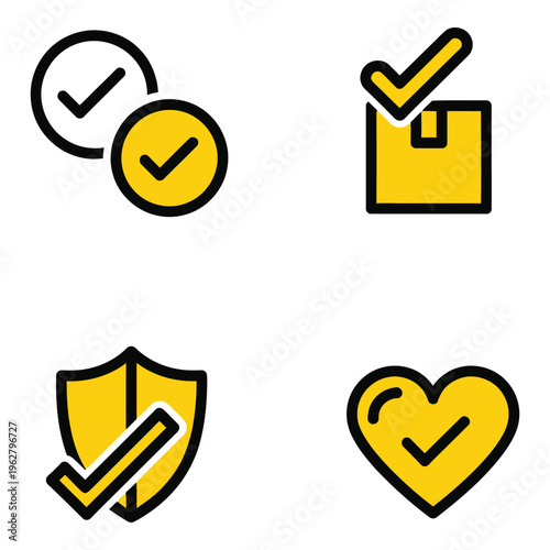 Vector art of collection of four icons with yellow checkmarks and black elements