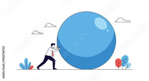 Determined businessman in a white shirt and red tie pushing a massive blue ball up a hill symbolizing hard work and difficult challenges.