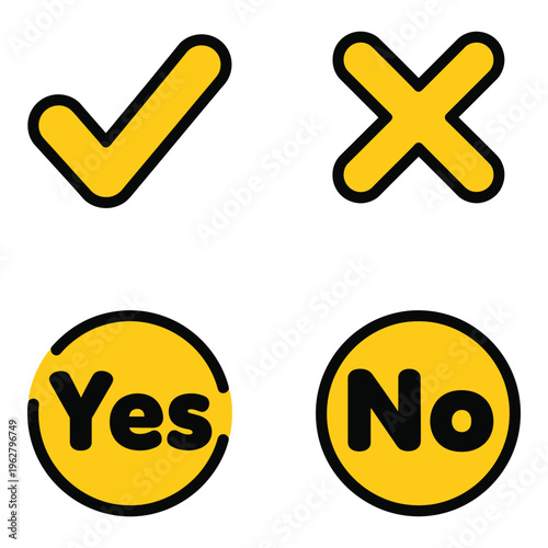 Vector art of set of four icons with yellow checkmark and cross symbols