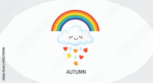 Cute autumn themed illustration featuring a happy cloud under a rainbow raining hearts, water drops, and colorful fall leaves on a white background.