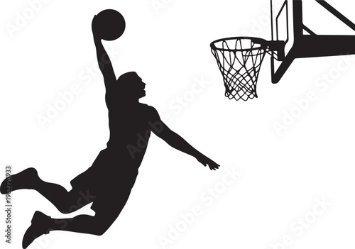 Dynamic basketball player silhouette performing slam dunk with ball and hoop on transparent background