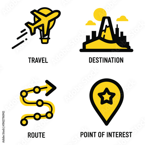Vector art of four yellow icons illustrating travel and navigation elements travel, destination, route, and point of interest