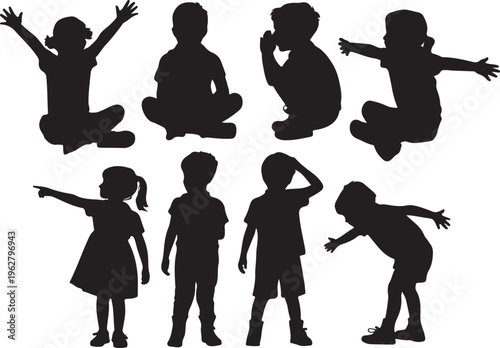 Collection of eight children silhouettes showing different poses and movements for education design