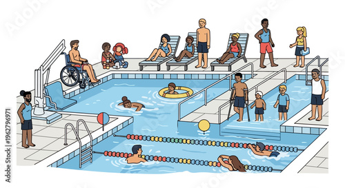 Diverse group of people enjoying a swimming pool together.