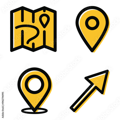 Vector art of collection of map and navigation icons including folded map, pins, and arrow
