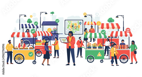 Diverse group of people enjoying a vibrant outdoor market scene.