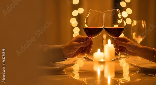 Romantic birthday party dinner couple toasting with wine glasses in a warmly lit ambiance