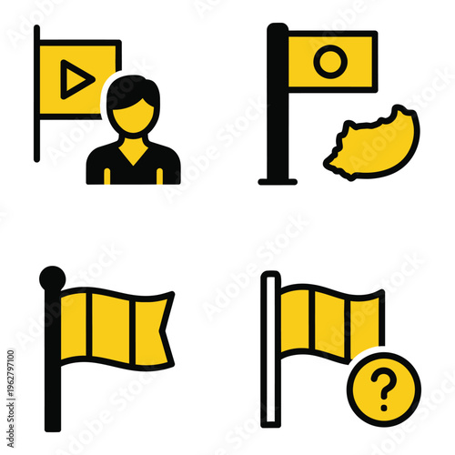 Vector art of set of four yellow and black flag icons representing different concepts like play, achievement, and questions