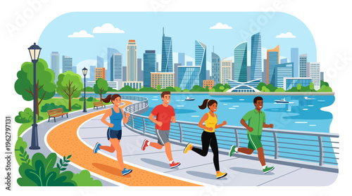 Diverse group of people enjoying a healthy outdoor run.