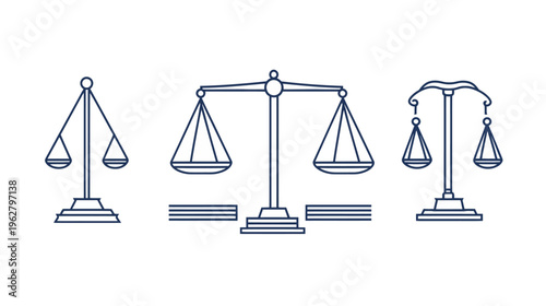 Three stylized depictions of scales, showcasing different designs. Each scale conveys the concept of balance
