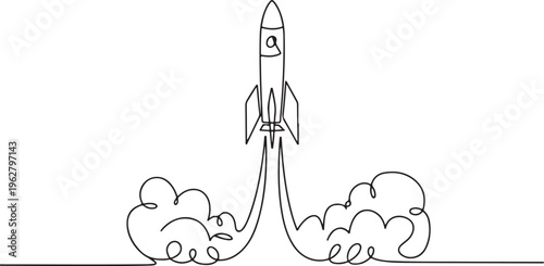 One line drawing rocket launch with smoke trails vector illustration startup concept on transparent background
