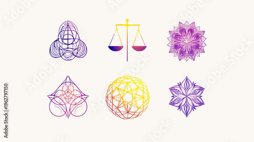 Six vibrant geometric designs in a range of colors, appearing against a neutral beige background