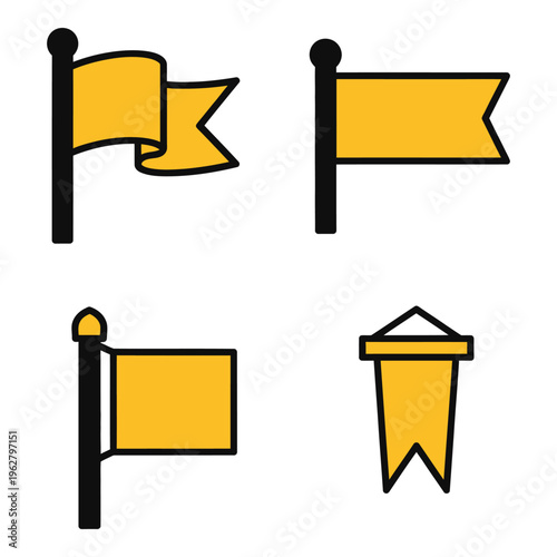 Vector art of collection of four yellow and black flag icons showcasing different shapes and styles