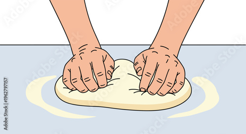 Close up of a persons hands kneading a soft lump of dough on a light blue table representing baking, cooking, or making fresh bread.