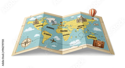 Vintage World Map with Illustrations.