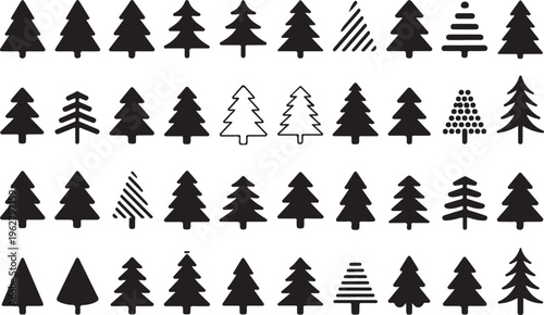 Collection different christmas trees vector illustrations various shapes styles on transparent background