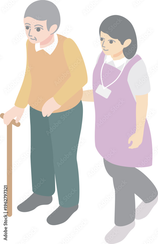 Fototapeta premium Nursing care concept with female staff supporting a senior lady in isometric style.