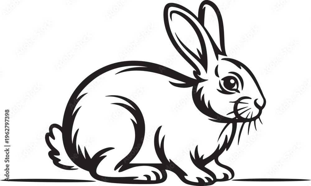 Obraz premium Black outline of cute rabbit sitting profile view with long ears and fluffy tail on simple ground line