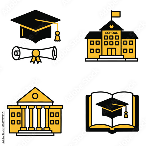 Vector art of four educational icons featuring a graduation cap, diploma, school building, and open book