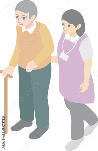 Nursing care concept with female staff supporting a senior lady in isometric style.