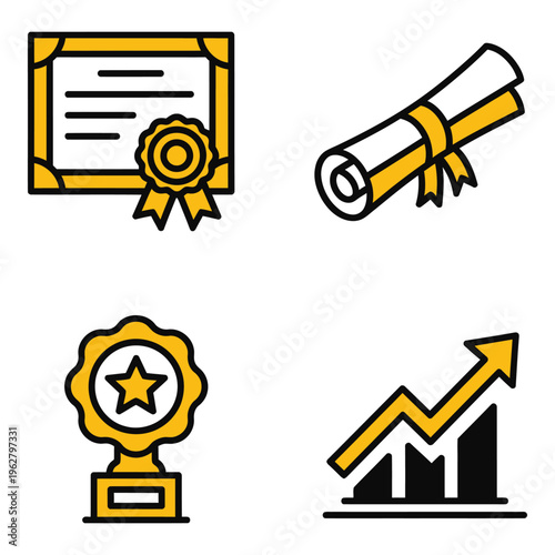 Vector art of set of four flat icons representing education, achievement, and success