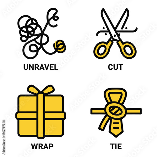 Vector art of four icons illustrating the process of wrapping a gift