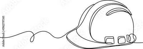 Hard hat and cord drawn with continuous single line art, industrial safety gear icon