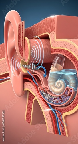 Detailed Cross-Sectional View of the Human Ear Illustrating the Process of Sound Wave Transmission and Perception.