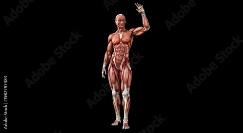 Detailed Human Muscular System Anatomy on Black Background.