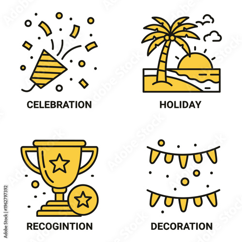 Vector art of set of four flat icons representing celebration, holiday, recognition, and decoration