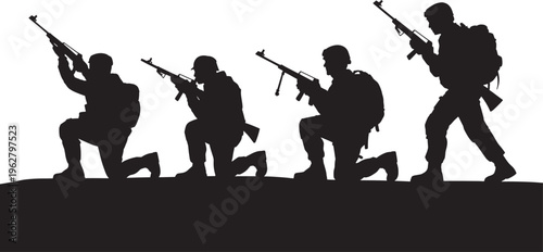 Military soldiers silhouettes, set of troops with weapons, army men on mission