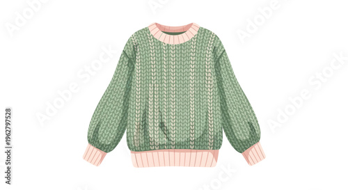 Green knit sweater with pink cuffs.