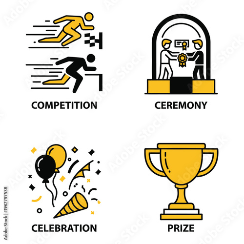 Vector art of four icons representing competition, ceremony, celebration, and prize, symbolizing achievement and success