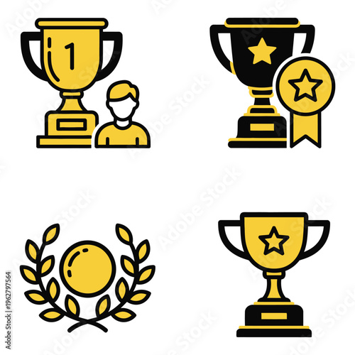 Vector art of set of four golden award icons including trophies, a medal, and a laurel wreath symbolizing achievement