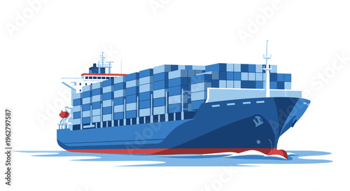 Large blue cargo ship with containers.