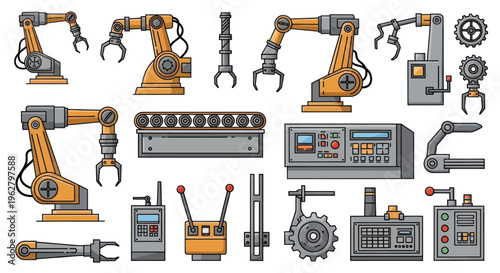 Industrial robotic arms and machinery parts.