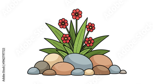 Colorful flowers on stone garden pile.