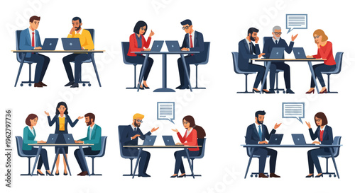 Business people working at desks together.