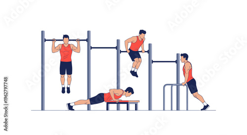 Man doing various gym exercises outdoors.