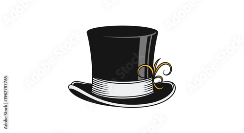 Classic black top hat with a light gray ribbon band and a small golden feather decoration isolated on a white background for formal events.