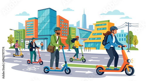 Diverse group of people riding electric scooters in a city.