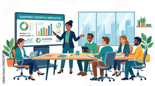 Diverse business team in a modern office meeting room presenting data.