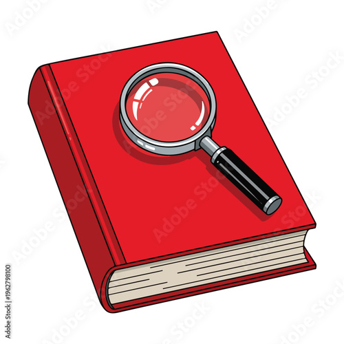 cartoon style magnifying glass on red hardcover book illustration