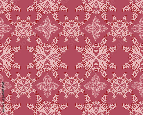 Elegant damask pattern in deep red and soft pink tones, featuring a seamless repeating and symmetrical layout across the entire image. 