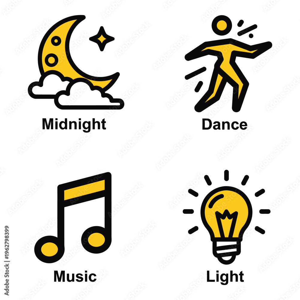Fototapeta premium Vector art of four icons representing midnight, dance, music, and light