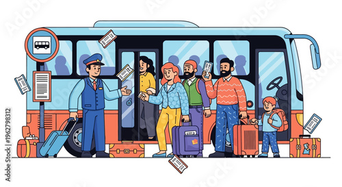 Diverse group of people boarding a bus with luggage.