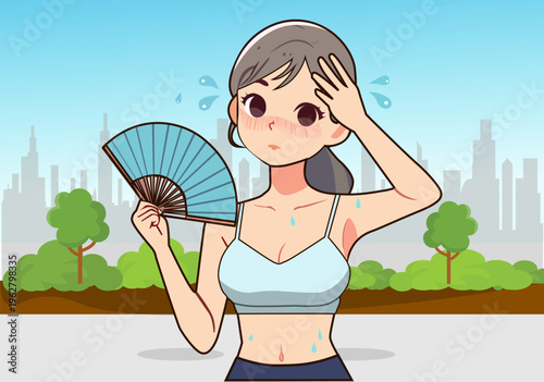 Young Woman Fanning Herself with Hand Fan, Exhausted by Heat